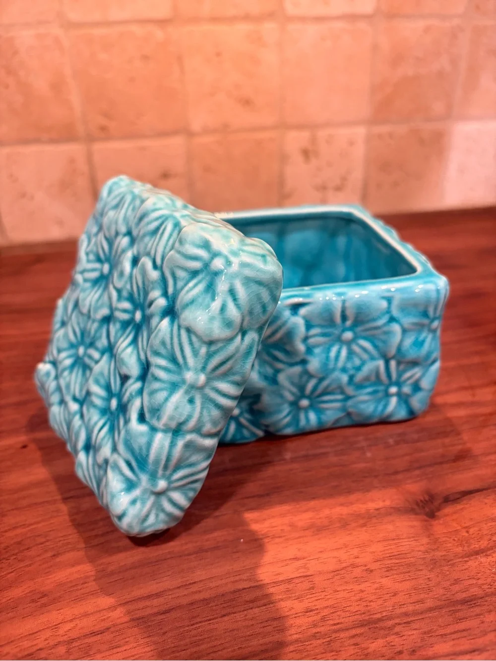 Turquoise Floral Ceramic Trinket Box